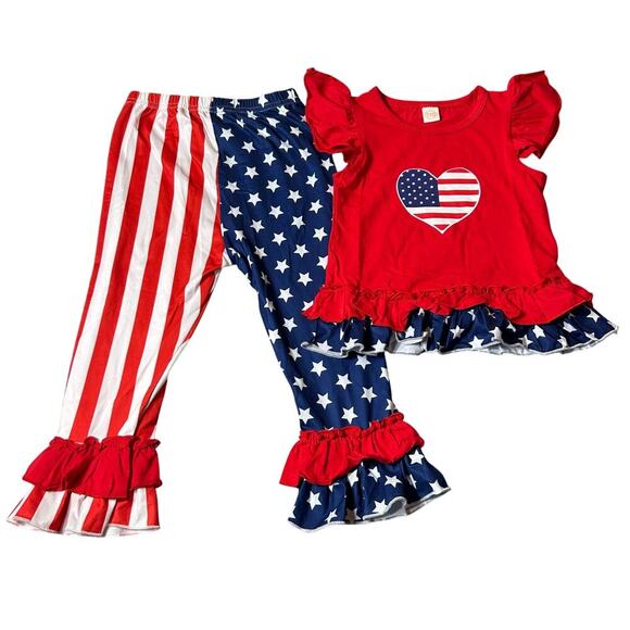 Stars Stripes July 4th Outfit Toddler Girl 110 4-5 yr Red Blue Top Crop Pant NEW - Picture 1 of 14